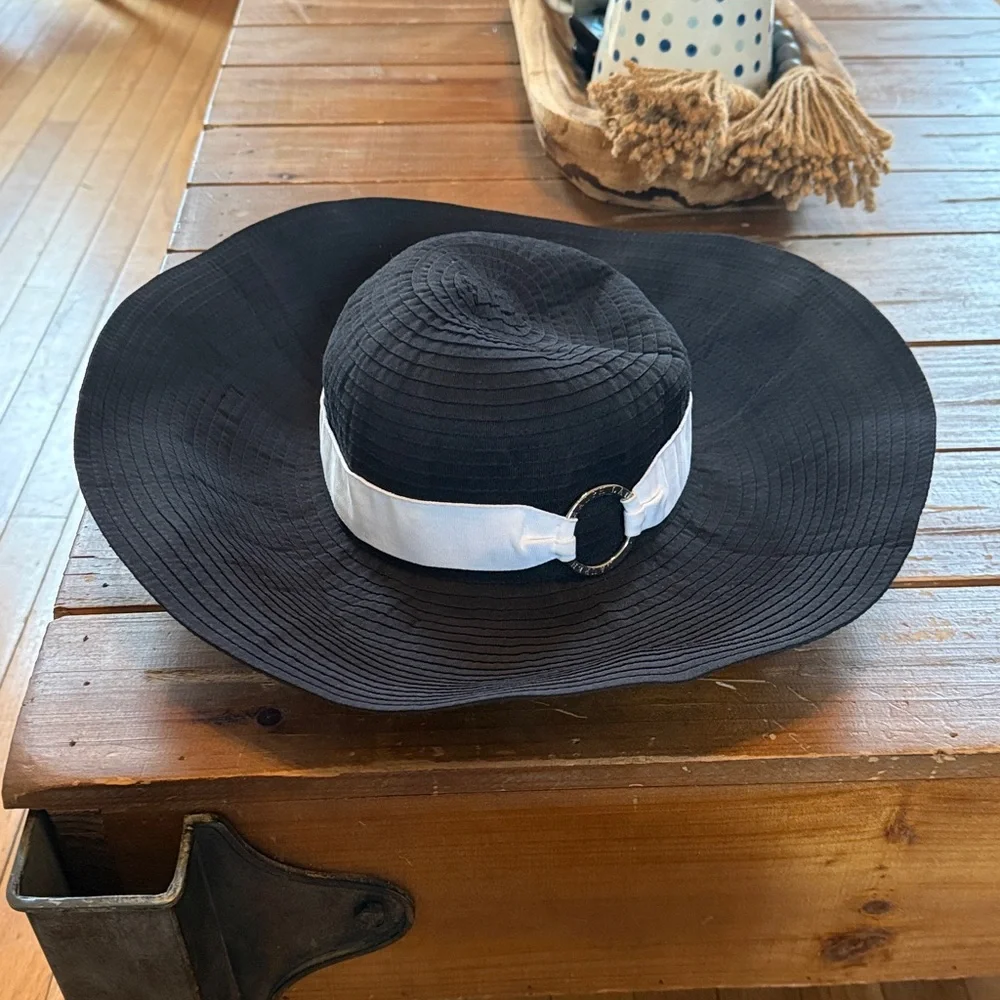Lauren Ralph Lauren Wide Brim Sun Hat with Silk Ribbon and Silver Embossed Ring